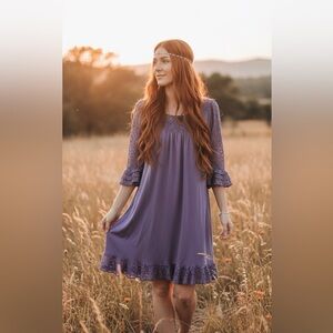 VTG Y2K Moda International L purple lace embroidered ruffle midi dress boho